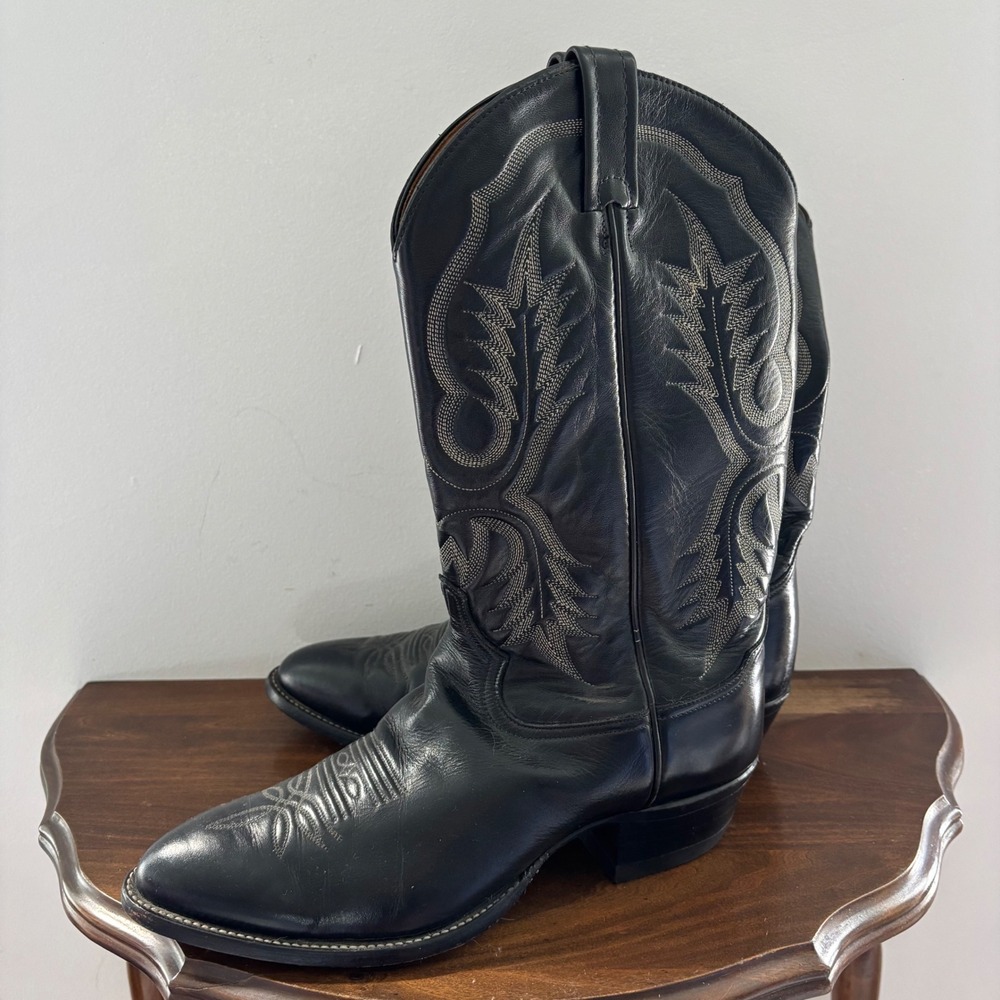 Men's 10D Vintage TONY LAMA Black Leather Stitched Cowboy Western Boots 2914 - Picture 1 of 6